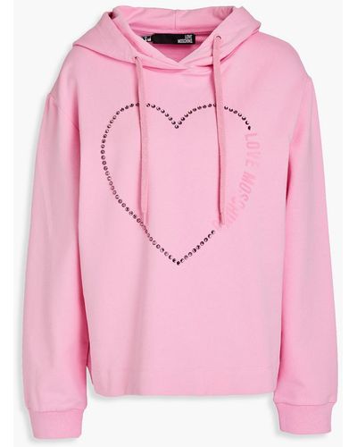 Love Moschino Crystal-embellished Printed Cotton-blend Fleece Hoodie - Pink