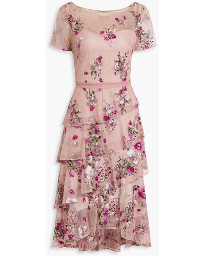 Marchesa Tiered Embroidered Glittered Tulle Dress - Pink