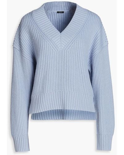 JOSEPH Stitch Ribbed Cotton, Wool And Cashmere-blend Sweater - Blue