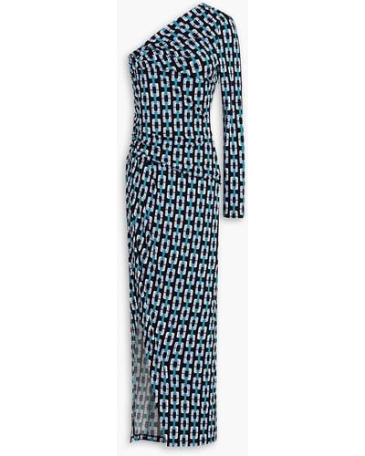Diane von Furstenberg Kitana One-sleeve Ruched Printed Jersey Maxi Dress - Blue
