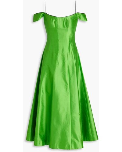 Rasario Cold-shoulder Flared Silk-shantung Midi Dress - Green