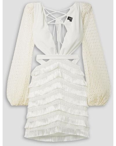 PATBO Cutout Fringed Crochet-knit And Satin-jersey Mini Dress - White