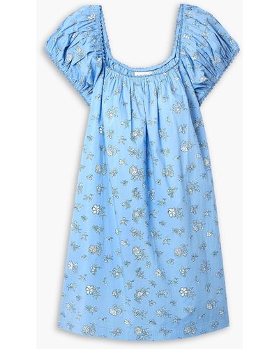 Doen Julie Floral-print Organic Cotton-poplin Mini Dress - Blue