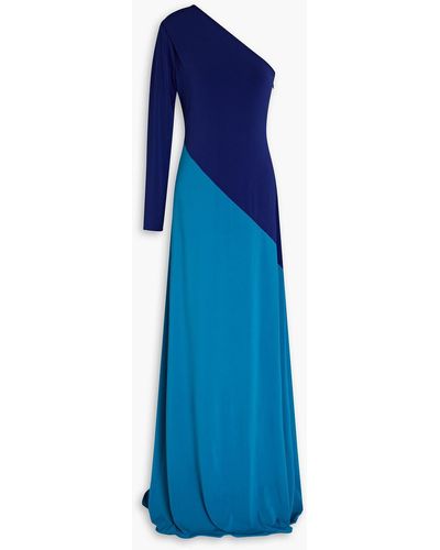 Halston Aja One-shoulder Two-tone Jersey Gown - Blue