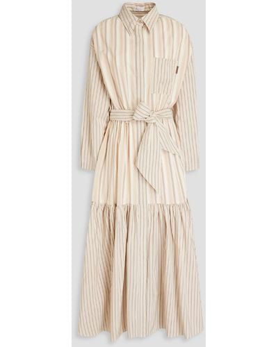 Brunello Cucinelli Belted Striped Cotton And Silk-blend Poplin Maxi Shirt Dress - Natural