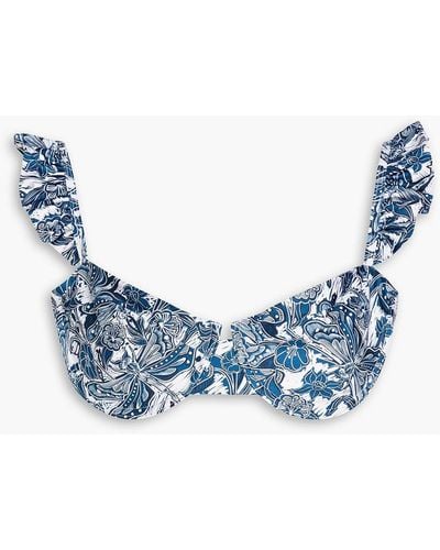 Agua Bendita Kiwi Libélulas Noche Ruffled Printed Underwired Bikini Top - Blue