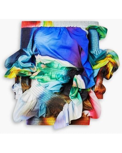 Dries Van Noten Schulterfreie bluse aus baumwolle mit print und rüschen - Blau