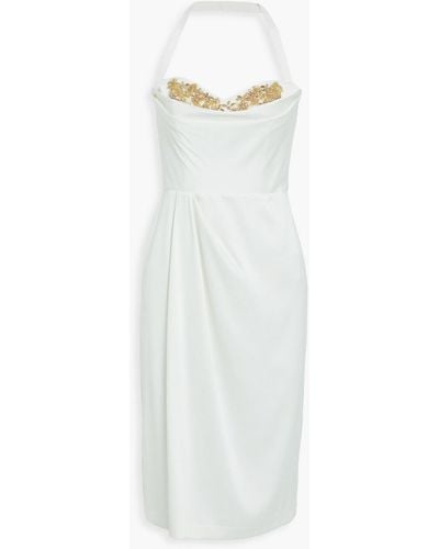 Marchesa Embellished Draped Pleated Crepe Halterneck Dress - White