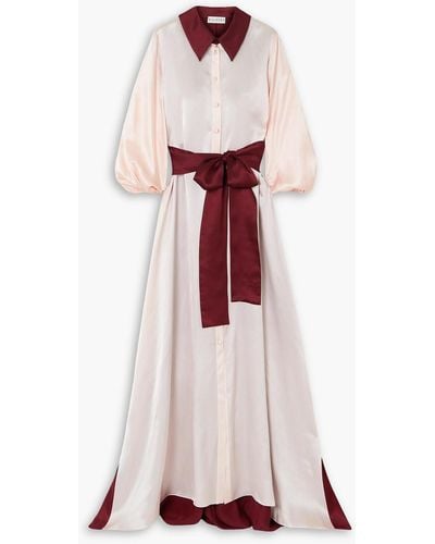 Halpern Belted Two-tone Silk-satin Maxi Shirt Dress - White