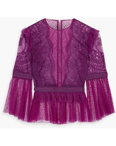 Zuhair Murad Ruffled Corded Lace And Point D'esprit Blouse - Purple
