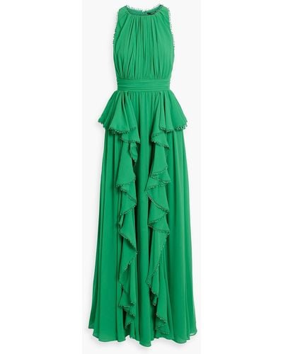 Badgley Mischka Crochet-trimmed Ruffled Crepe Midi Dress - Green