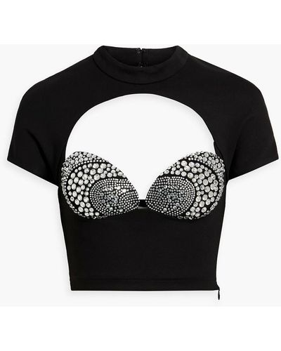 Area Cropped Cutout Crystal-embellished Jersey Top - Black