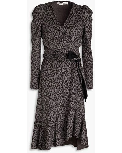 Diane von Furstenberg Sienna Wrap-effect Leopard-print Brushed Cotton And Wool-blend Dress - Black