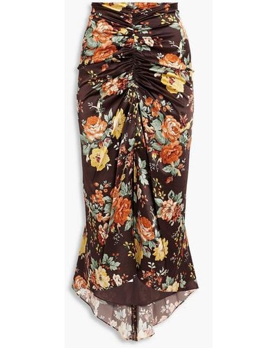 Veronica Beard Pixie Ruched Floral-print Stretch-silk Satin Midi Skirt - Brown