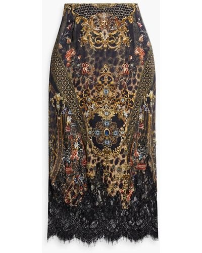 Camilla Corded Lace-paneled Printed Silk-satin Midi Skirt - Black