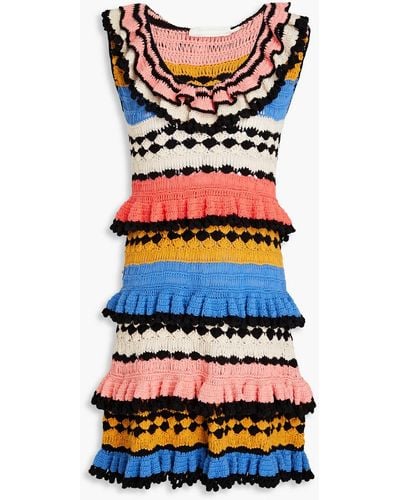 Zimmermann Tiered Pompom-embellished Crocheted Cotton Mini Dress - Pink