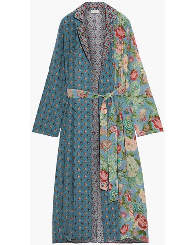 Anjuna Selene Embellished Patchwork Printed Silk Crepe De Chine Kimono - Blue