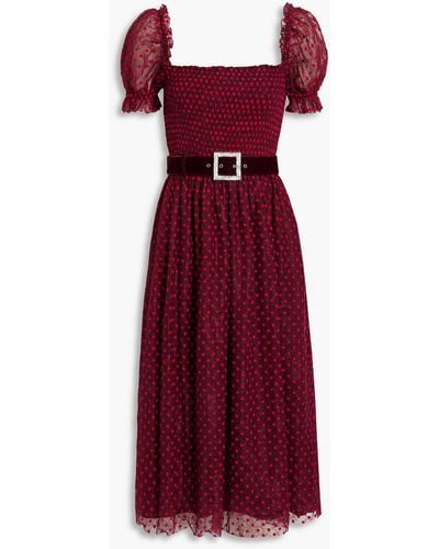 Rebecca Vallance Midnight Kiss Belted Flocked Lace Midi Dress - Red