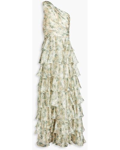 Mikael Aghal One-shoulder Tiered Floral-print Crepe De Chine Gown - White
