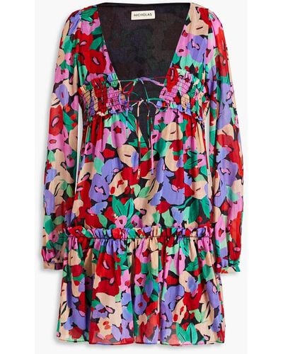 Nicholas Brynn Shirred Floral-print Cotton And Silk-blend Voile Mini Dress