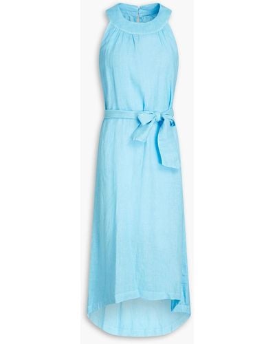 120% Lino Belted Slub Linen Midi Dress - Blue