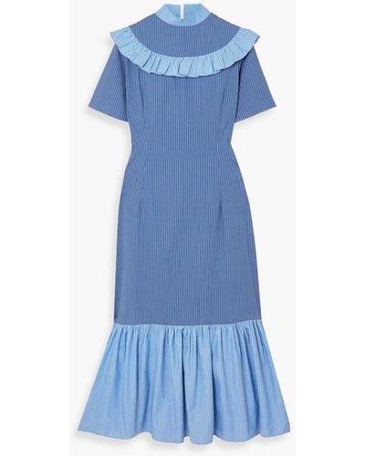 SINDISO KHUMALO The Vanguard Miss Gee Ruffled Pinstriped Cotton-poplin Maxi Dress - Blue