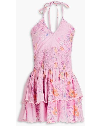 LoveShackFancy Aqua Shirred Embroidered Cotton-voile Halterneck Mini Dress - Pink