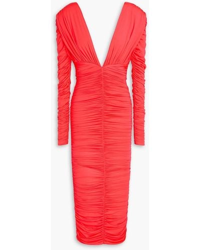 Alex Perry Ruched Neon Stretch-jersey Midi Dress - Red