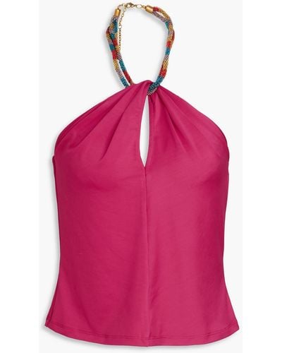Veronica Beard Akeeva Cutout Embellished Jersey Halterneck Top - Pink