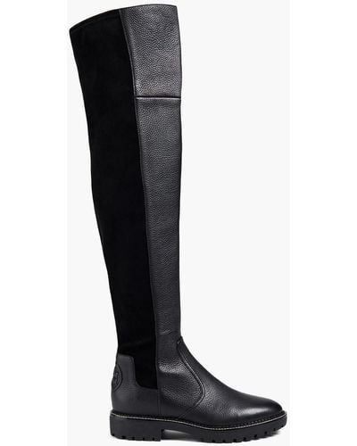 Tory Burch Miller Stretch-suede And Pebbled-leather Thigh Boots - Black