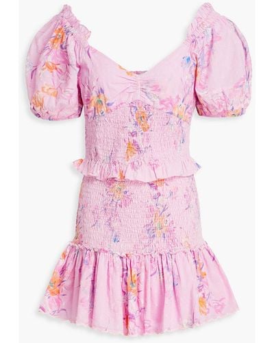 LoveShackFancy Jarrah Shirred Floral-print Swiss-dot Cotton Mini Dress - Pink