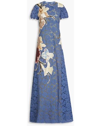 Valentino Garavani Robe aus crêpe und schnurgebundener spitze aus einer baumwollmischung mit floralem print - Blau