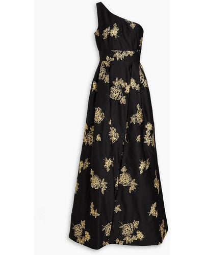 Marchesa One-shoulder Embroidered Satin Gown - Black