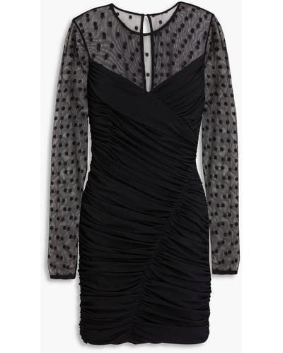 Halston Hilary Tulle-paneled Ruched Polka-dot Stretch-jersey Mini Dress - Black