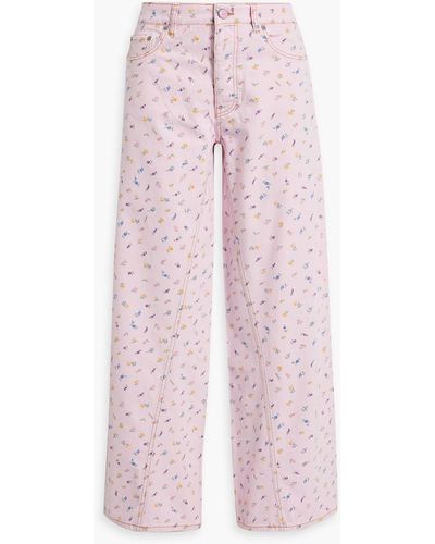 Ganni Floral-print High-rise Wide-leg Jeans - Pink
