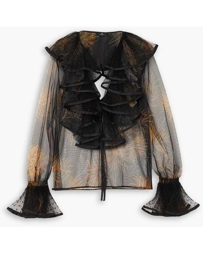 Etro Ruffled Satin-trimmed Swiss-dot And Printed Tulle Blouse - Black