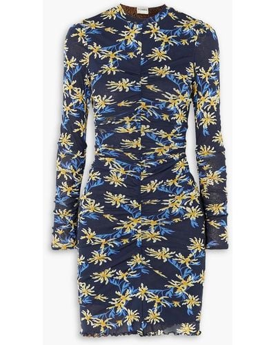 Diane von Furstenberg Azula Reversible Ruched Floral-print Stretch-mesh Mini Dress - Blue