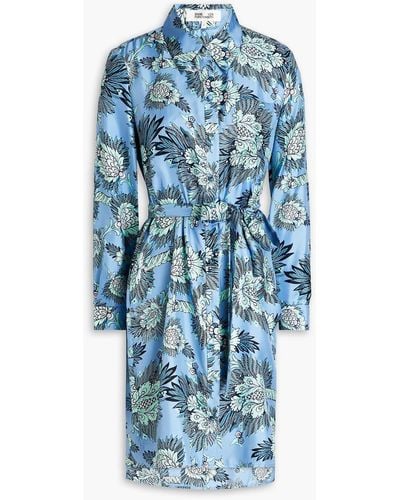 Diane von Furstenberg Prita Belted Printed Silk-twill Mini Shirt Dress - Blue