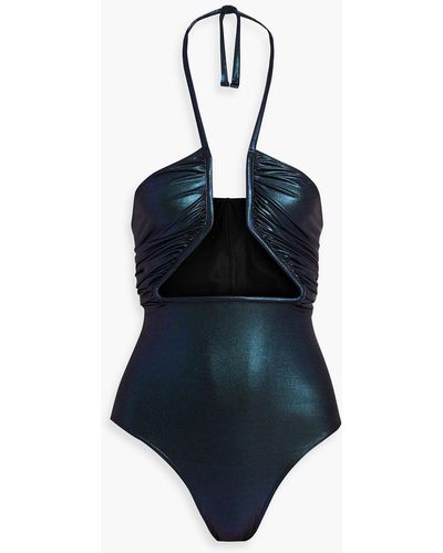 Rick Owens Prong Ruched Iridescent-effect Halterneck Swimsuit - Blue