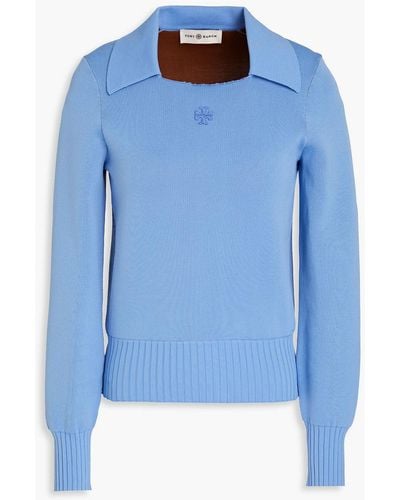 Tory Burch Logo-embroidered Stretch-knit Top - Blue