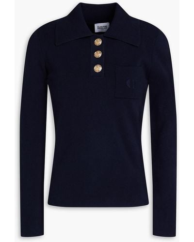 Claudie Pierlot Embroidered Ribbed Cotton-blend Polo Sweater - Blue