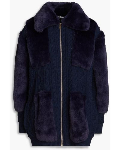 Stella McCartney Faux Fur-trimmed Cable-knit Wool Coat - Blue