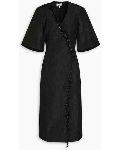 Ganni Midi-wickelkleid aus cloqué mit zierperlen - Schwarz
