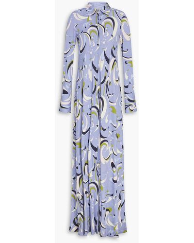 Emilio Pucci Belted Printed Jersey Maxi Shirt Dress - Blue