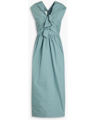 TOVE Bow-embellished Gathered Organic Cotton-poplin Midi Dress - Blue