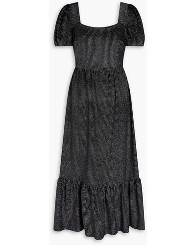 HVN Gathered Glittered Velour Midi Dress - Black