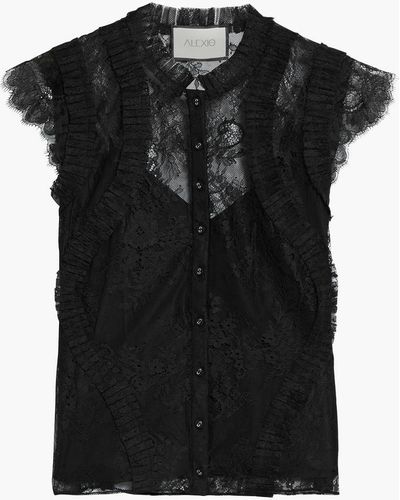 Alexis Pleated Chantilly Lace Top - Black