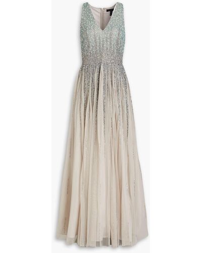 Aidan Mattox Pleated Embellished Tulle Gown - White