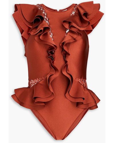 Zimmermann Badeanzug mit rüschen und details im hohlstich - Rot