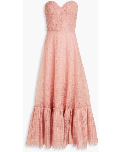 Costarellos Strapless Gathered Lace Maxi Dress - Pink
